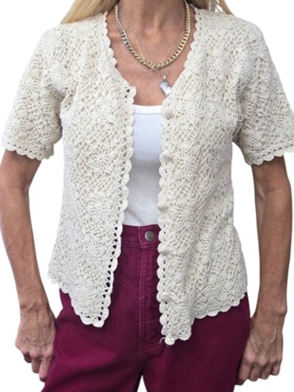 Vintage 90s Silk Exchange 80% Silk Crochet Cardigan Cream S